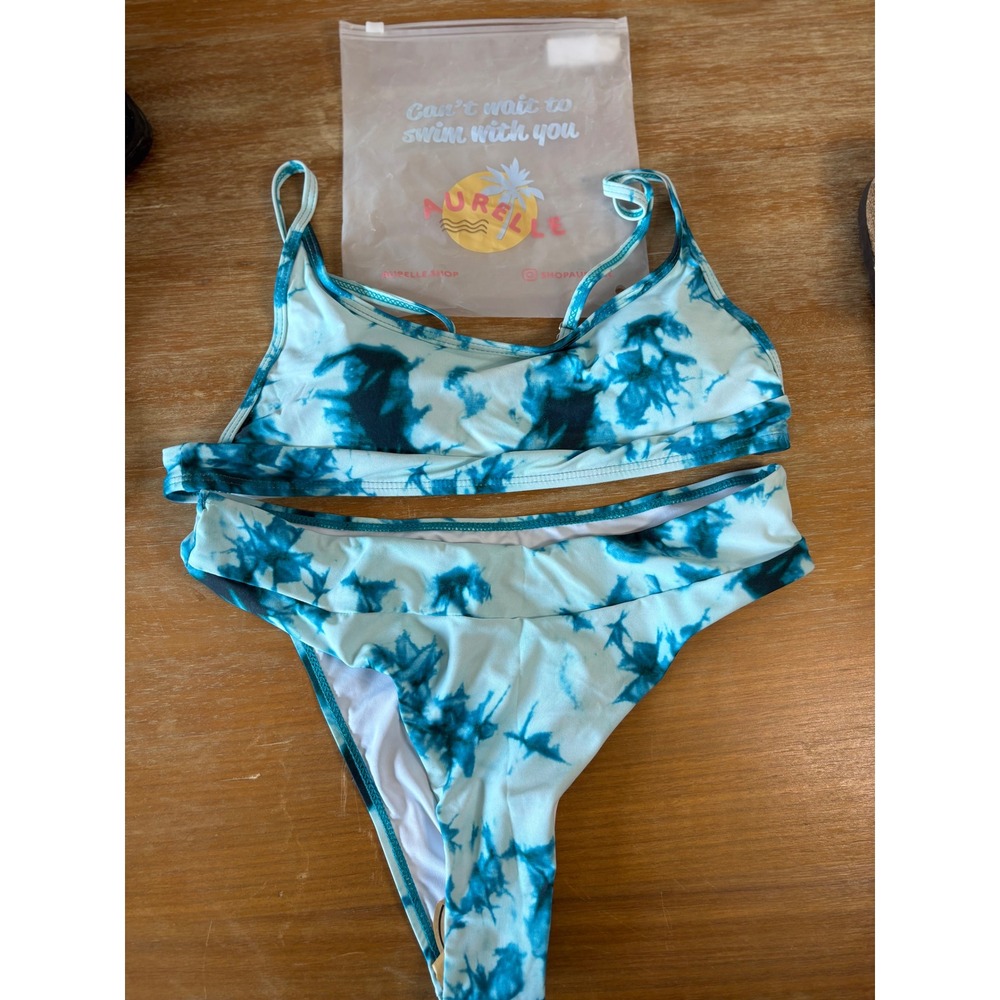 Aurelle Bikini Swimsuit Teal‎ Blue Tie Dye Two Piece Bathing Suit Large